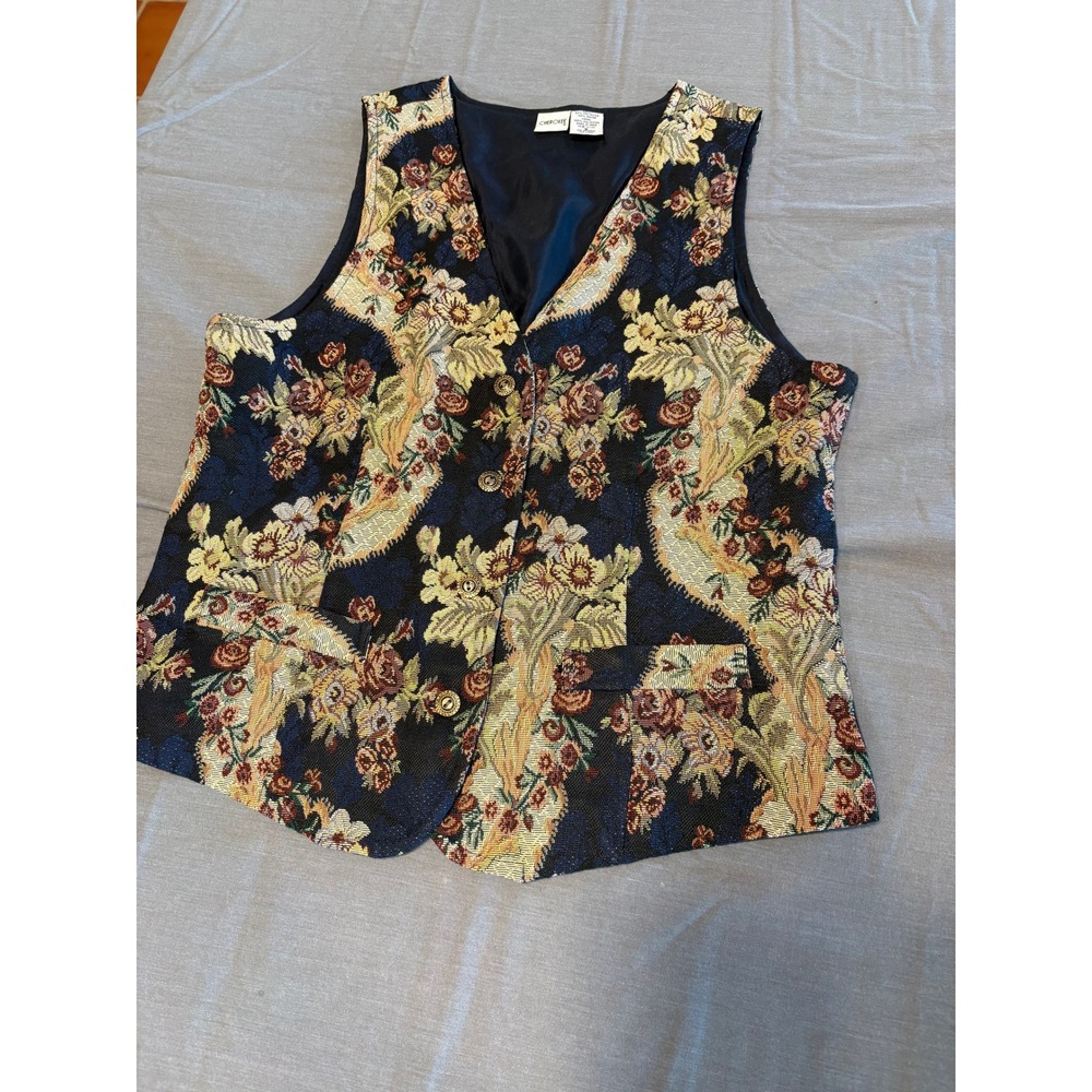 Cherokee Vintage Floral Tapestry Vest Navy Gold Paisley Woven Waistcoat Small